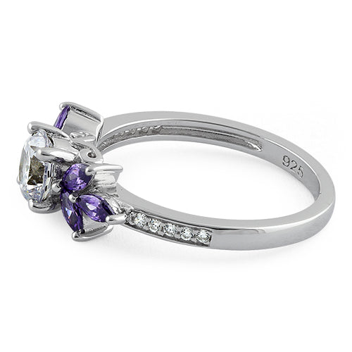 Sterling Silver Flower Leaves Amethyst Clear CZ Ring