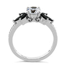 Sterling Silver Flower Leaves Black Clear CZ Ring