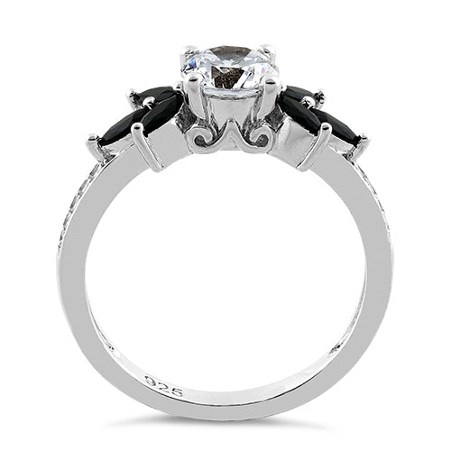 Sterling Silver Flower Leaves Black Clear CZ Ring