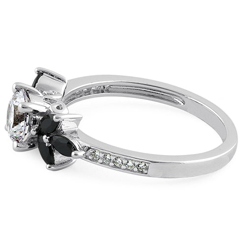 Sterling Silver Flower Leaves Black Clear CZ Ring