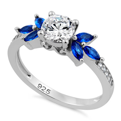 Sterling Silver Flower Leaves Blue Spinel Clear CZ Ring