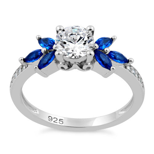 Sterling Silver Flower Leaves Blue Spinel Clear CZ Ring