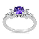 Sterling Silver Flower Leaves Dark Violet CZ Ring
