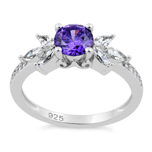 Sterling Silver Flower Leaves Dark Violet CZ Ring