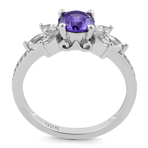 Sterling Silver Flower Leaves Dark Violet CZ Ring