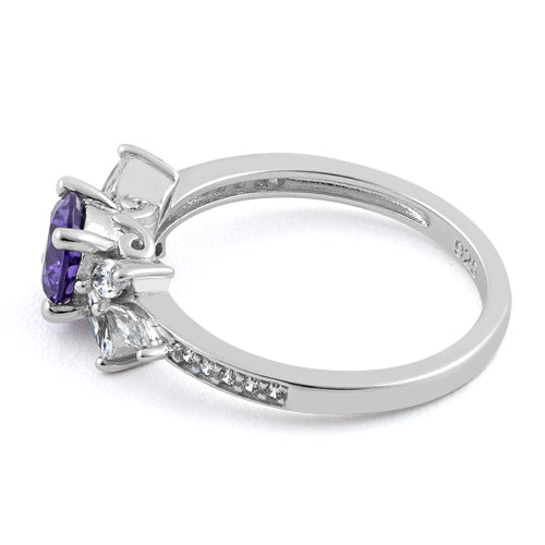 Sterling Silver Flower Leaves Dark Violet CZ Ring