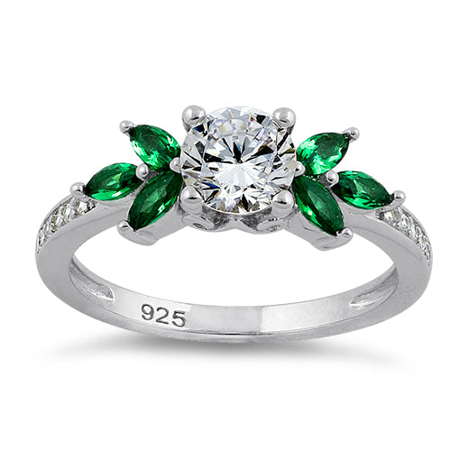 Sterling Silver Flower Leaves Emerald Clear CZ Ring