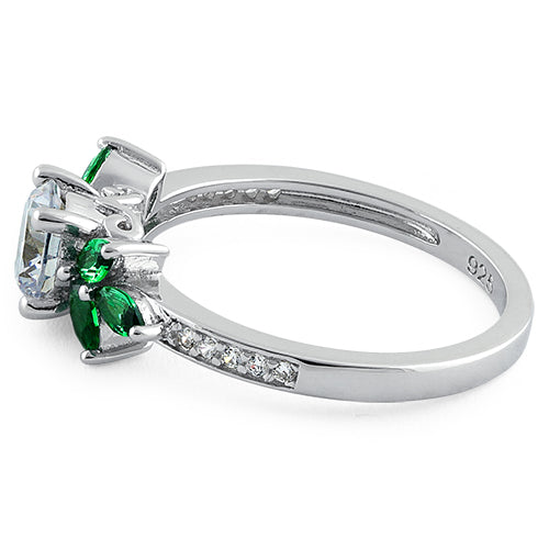 Sterling Silver Flower Leaves Emerald Clear CZ Ring