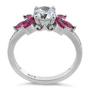 Sterling Silver Flower Leaves Ruby Clear CZ Ring
