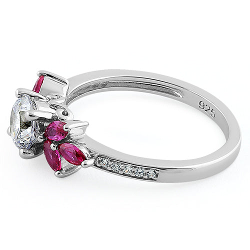 Sterling Silver Flower Leaves Ruby Clear CZ Ring
