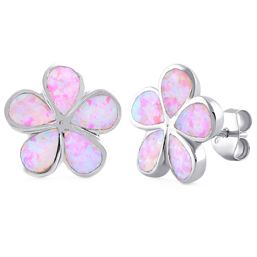 Sterling Silver Flower Pink Lab Opal Stud Earrings