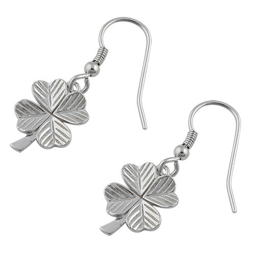 Sterling Silver Four Leaf Clover Charm Hook Earrings