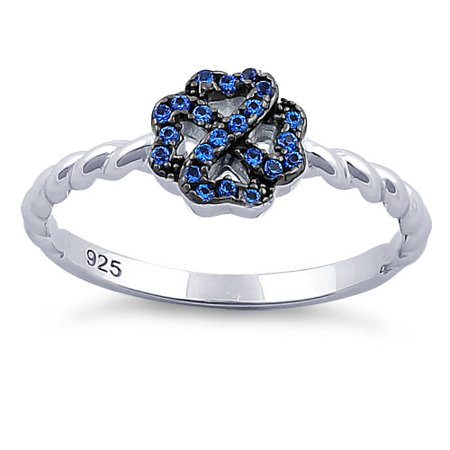 Sterling Silver Four Leaf Clover Heart Shaped Blue CZ Ring