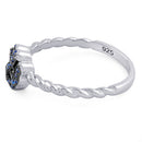 Sterling Silver Four Leaf Clover Heart Shaped Blue CZ Ring