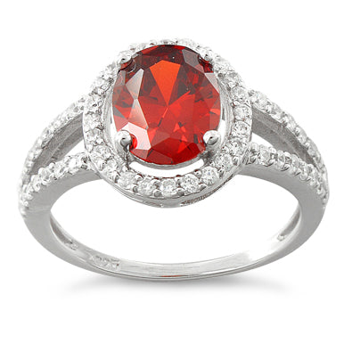 Sterling Silver Garnet Oval Halo CZ Ring