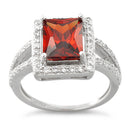 Sterling Silver Garnet Rectangular Halo CZ Ring