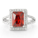 Sterling Silver Garnet Rectangular Halo CZ Ring