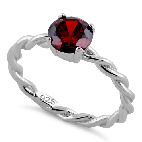 Sterling Silver Garnet Twisted Band CZ Ring