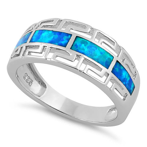 Sterling Silver Greek Pattern Blue Lab Opal Ring