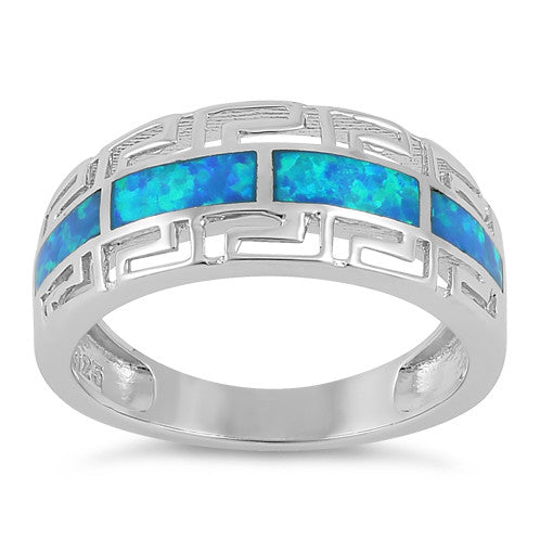 Sterling Silver Greek Pattern Blue Lab Opal Ring
