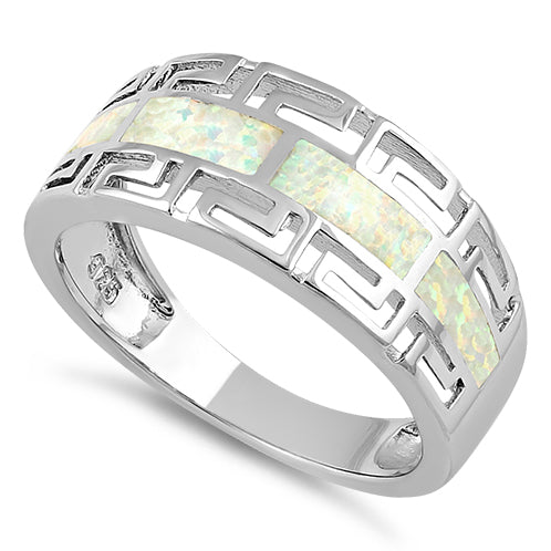 Sterling Silver Greek Pattern White Lab Opal Ring