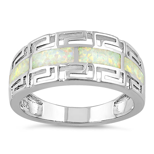 Sterling Silver Greek Pattern White Lab Opal Ring