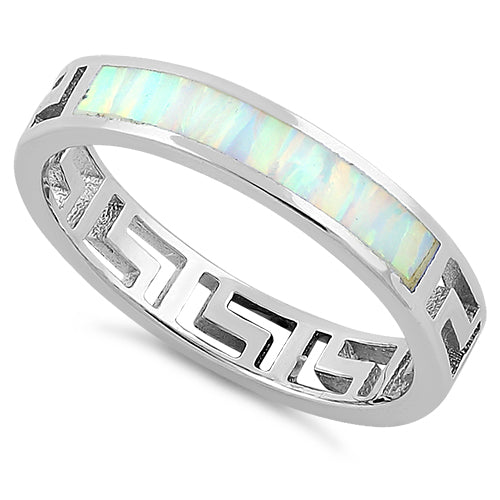 Sterling Silver Greek White Lab Opal Band Ring