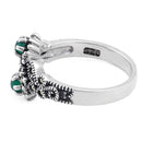 Sterling Silver Green Agate Double Flower Marcasite Ring