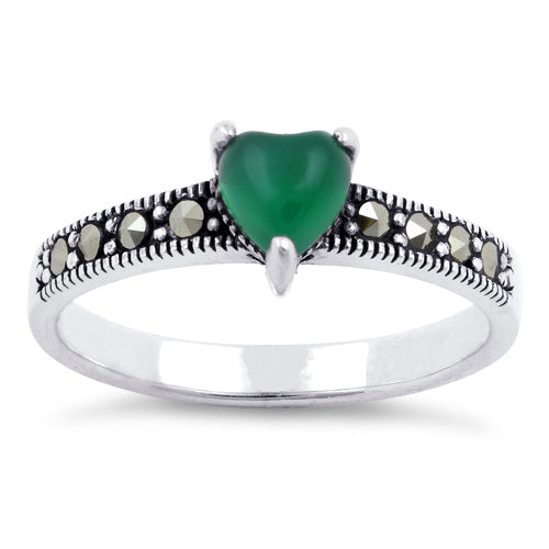 Sterling Silver Green Agate Heart Marcasite Ring