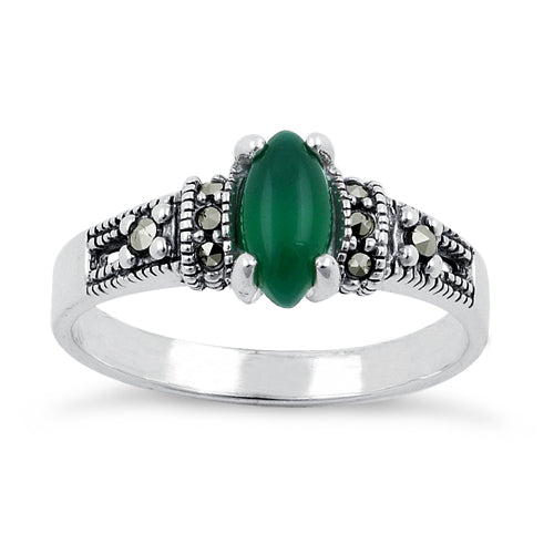 Sterling Silver Green Agate Marquise Marcasite Ring