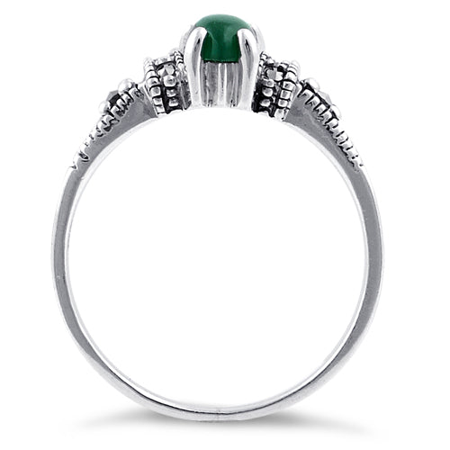 Sterling Silver Green Agate Marquise Marcasite Ring