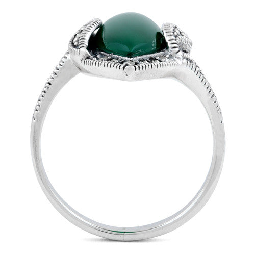 Sterling Silver Green Agate Marquise Marcasite Ring