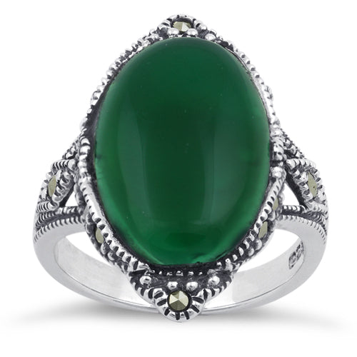 Sterling Silver Oval Green Agate Marcasite Ring