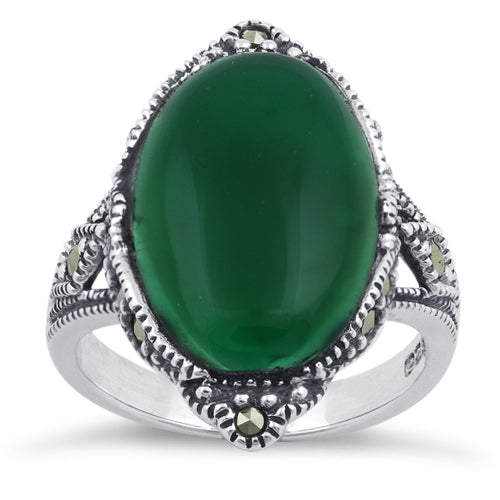Sterling Silver Oval Green Agate Marcasite Ring