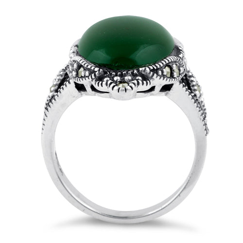 Sterling Silver Oval Green Agate Marcasite Ring