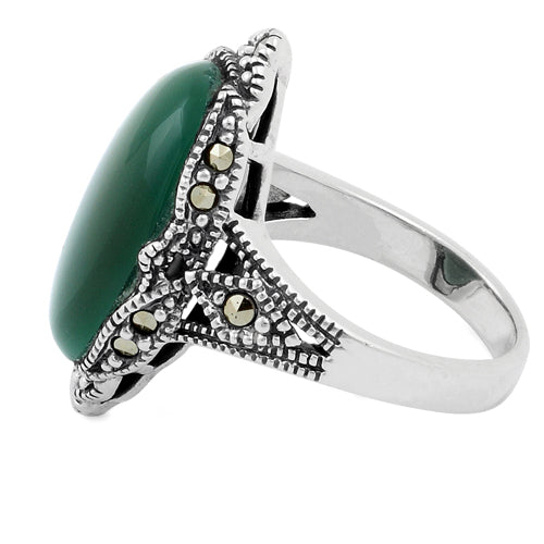 Sterling Silver Oval Green Agate Marcasite Ring