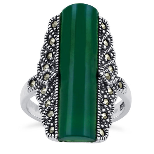 Sterling Silver Green Agate Tall Marcasite Ring