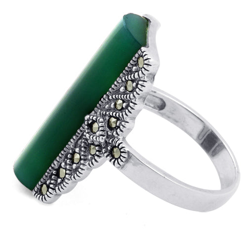 Sterling Silver Green Agate Tall Marcasite Ring