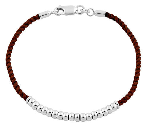 Sterling Silver Half Beads Brown Silk Rope Bracelet