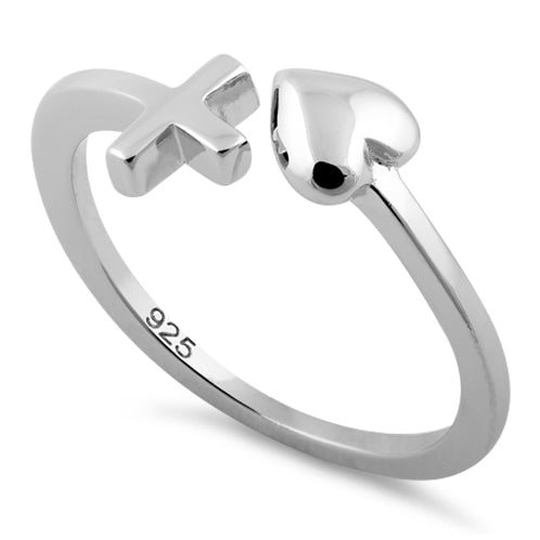 Sterling Silver Heart and Cross Adjustable Ring
