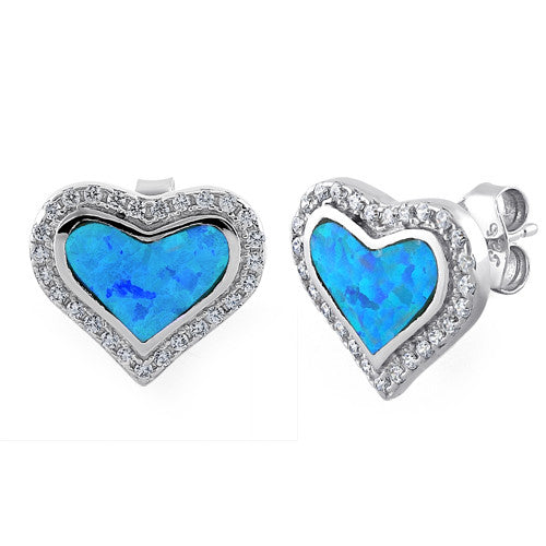 Sterling Silver Heart Blue Lab Opal CZ Stud Earrings
