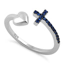 Sterling Silver Heart Cross Blue Sapphire CZ Ring