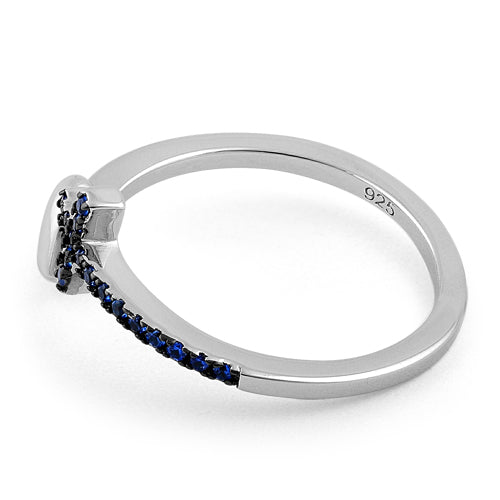 Sterling Silver Heart Cross Blue Sapphire CZ Ring