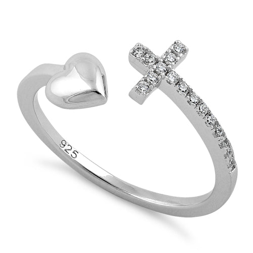 Sterling Silver Heart Cross Clear CZ Ring
