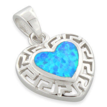 Sterling Silver Heart Greek Pattern Lab Opal Pendant