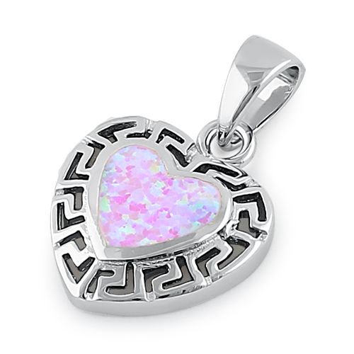 Sterling Silver Heart Greek Pattern Pink Lab Opal Pendant