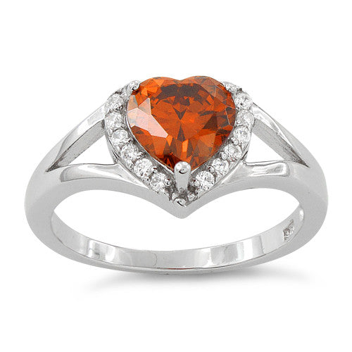 Sterling Silver Heart Shape Fire Orange CZ Ring