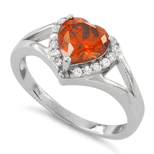 Sterling Silver Heart Shape Fire Orange CZ Ring