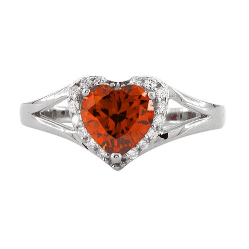 Sterling Silver Heart Shape Fire Orange CZ Ring