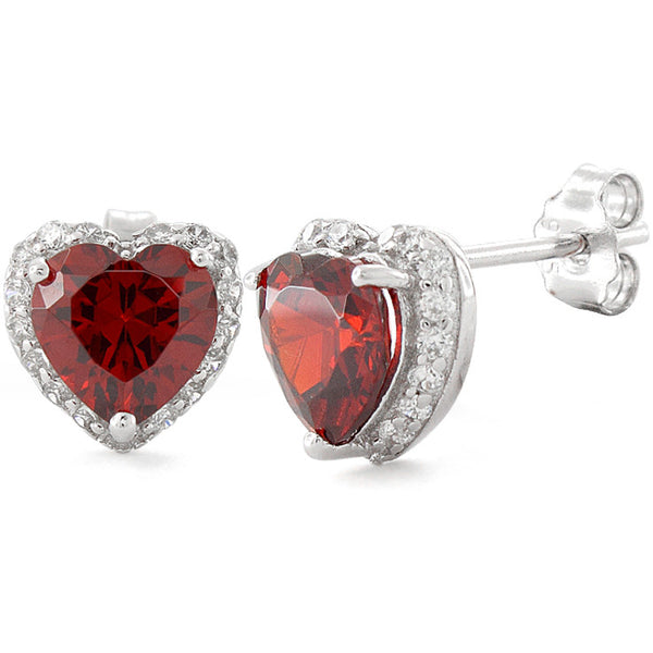 Sterling Silver Heart Shape Garnet CZ Earrings